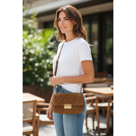 Michael Kors Quilted Taupe Sueded Crossbody Classic Luxury - Picture 3 of 6